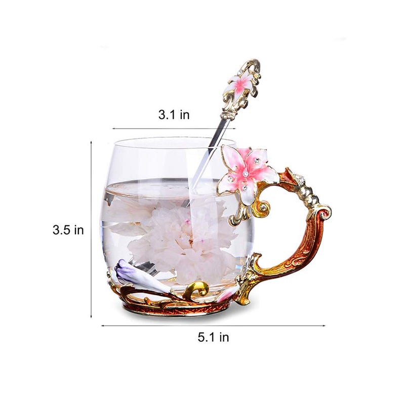 Mooduuty Tea Cup, Mother's Day Gifts, Gifts Coffee Mug Cups, Lily Flower Glass Tea Cup, Unique Personalized Birthday Present Ideas for Women Grandma Mom Teachers Hot Beverages 12OZ Pink - Image 2